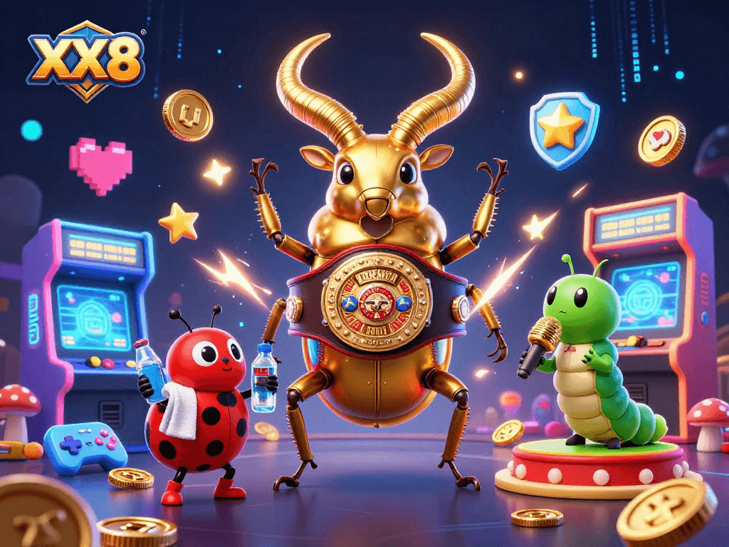 Players enjoy the vibrant world of XX8, where a giant golden stag beetle takes center stage in a lively casino atmosphere.