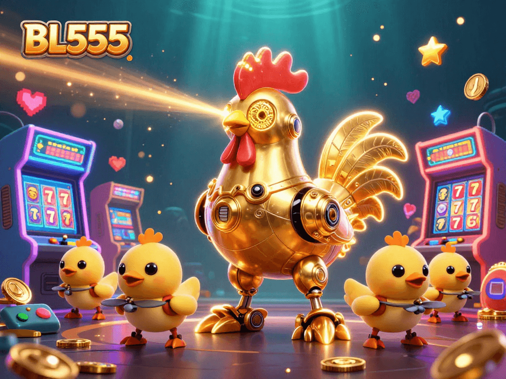 Experience the excitement of casino gaming and winning with BL555's golden rooster robot and baby chick drone crew.