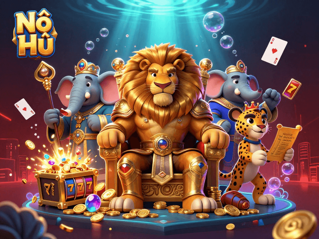 Nổ Hũ showcases vibrant 3D casino adventure with slot reels and treasures, enticing players to win!