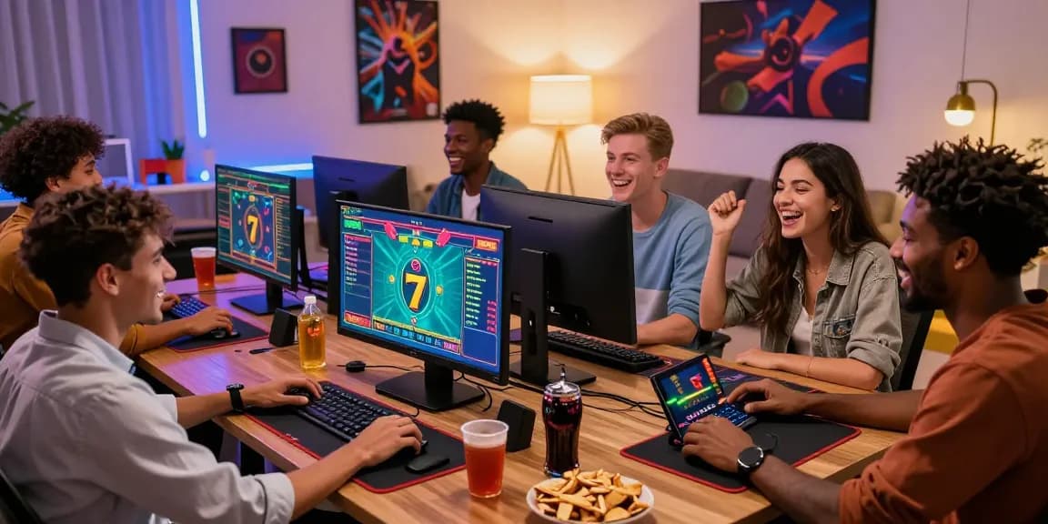 Friends enjoying an exciting lucky77 online game night in a vibrant lounge.