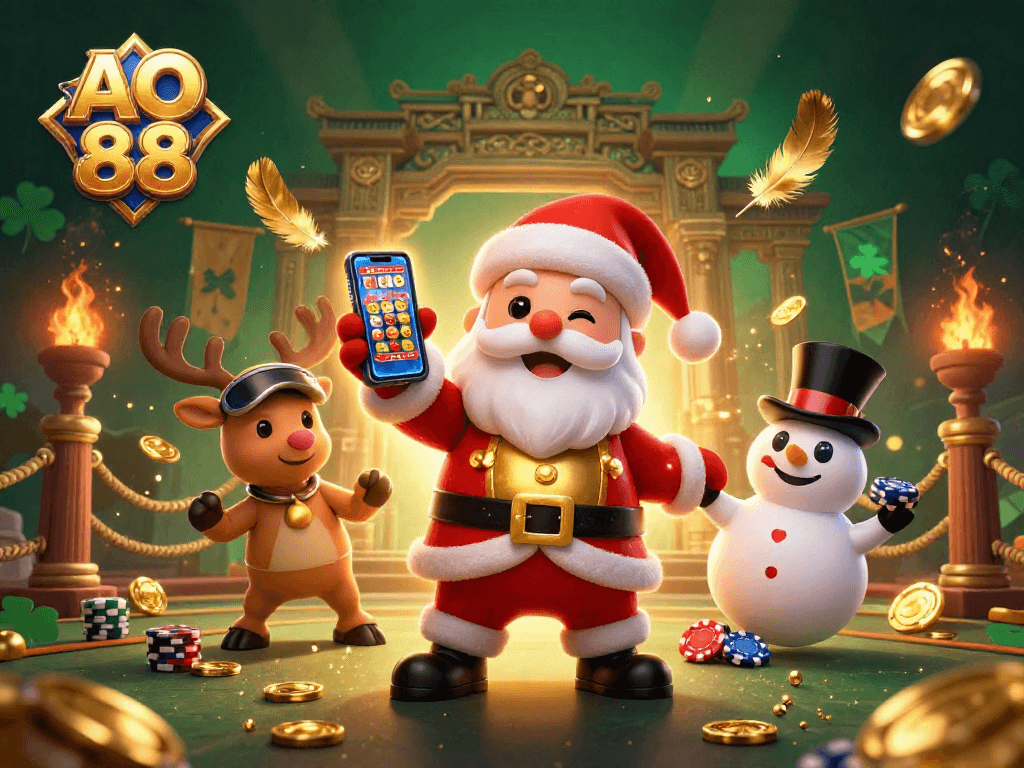 Celebrate jackpots at AO 88 with Santa and friends in a vibrant casino scene filled with excitement.