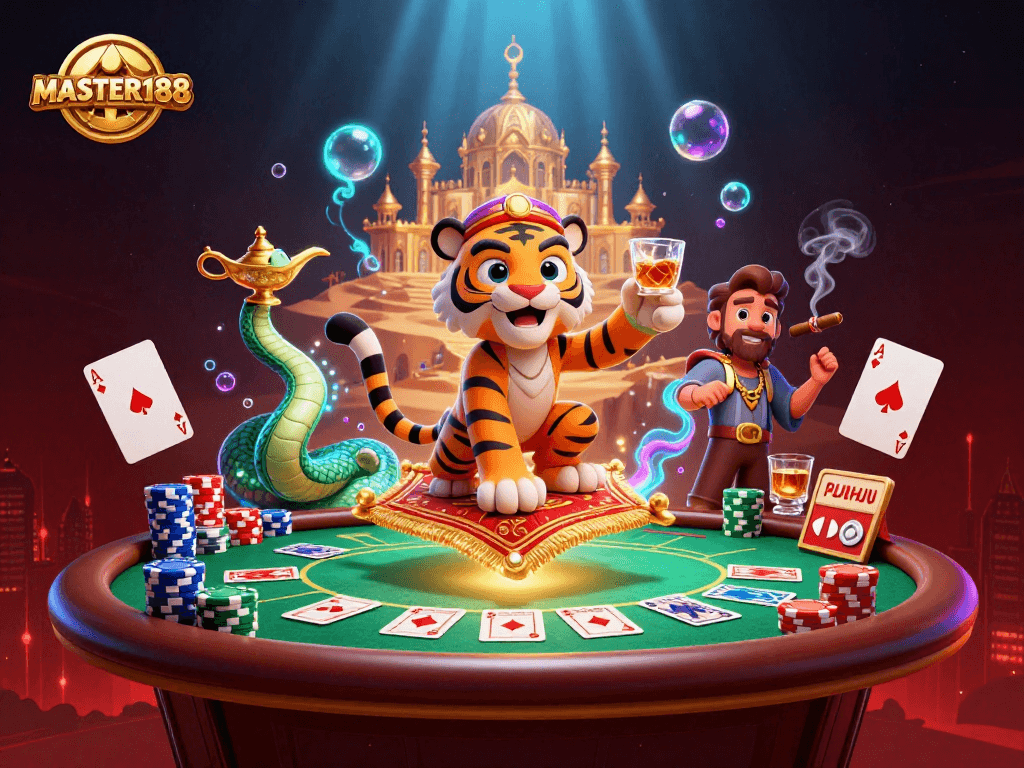 Bet on excitement with MASTER188's vibrant casino scene featuring a tiger sultan on a flying carpet.