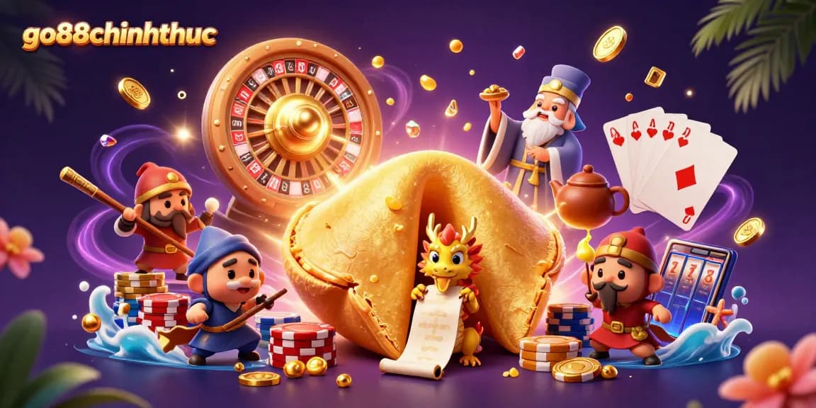Engage in winning strategies with go88chinhthuc within a vibrant casino scene filled with fortune cookies and riches.