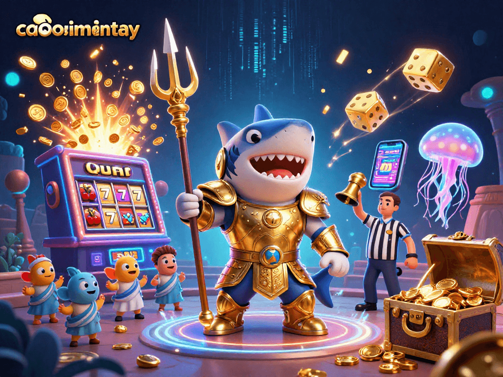 Experience thrilling slots and jackpots with caoboimientay's vibrant underwater casino scene featuring a golden shark gladiator.