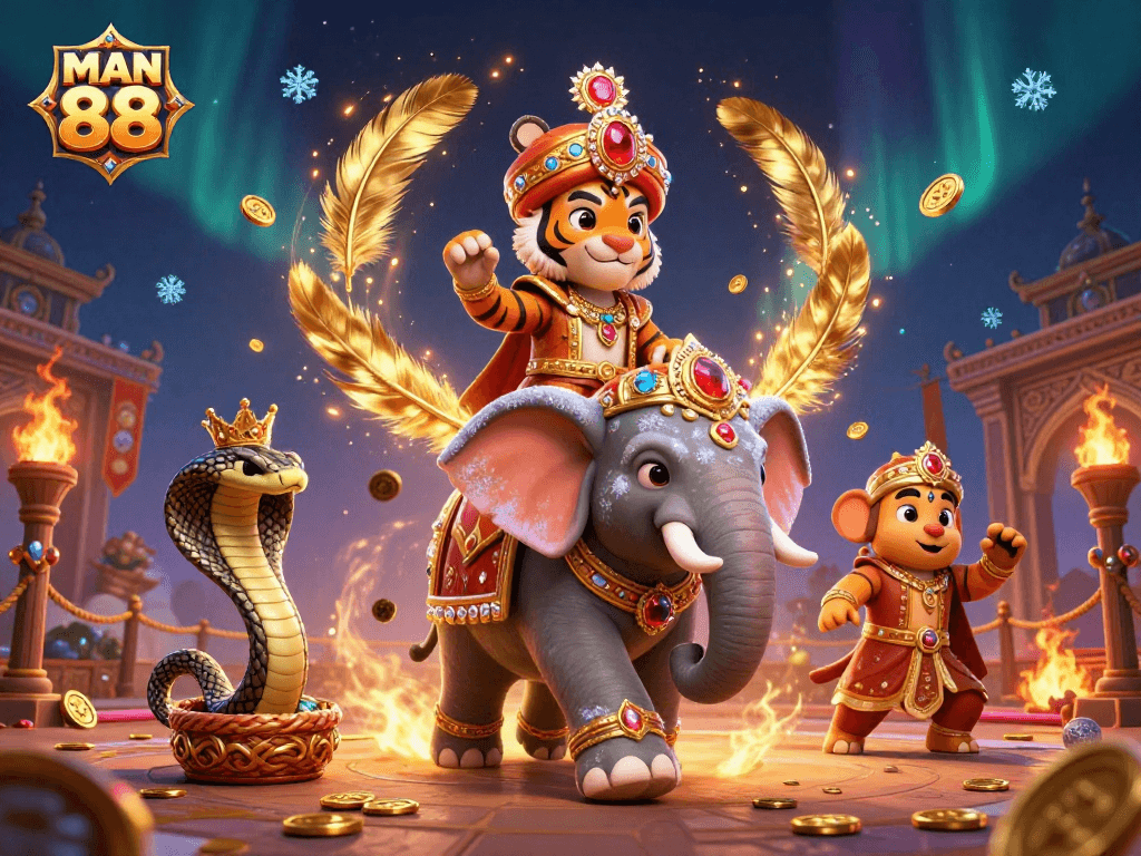 Experience the excitement of MAN 88 as the maharaja tiger and jewel-encrusted elephant prepare for a thrilling casino showdown.