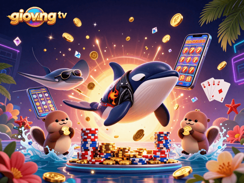 Experience high-stakes action with giovang tv featuring a lively orca in a biker jacket and otters holding coins.