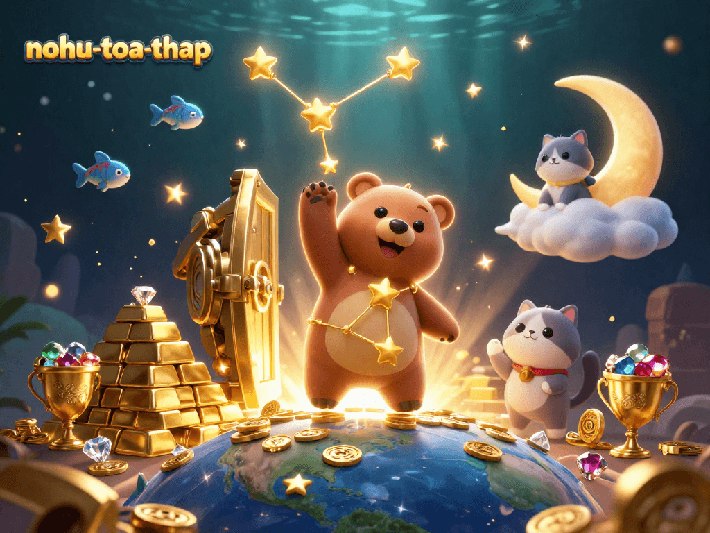 Spin and win in nohu-toa-thap as the constellation bear scoops coins amidst treasure bursts.