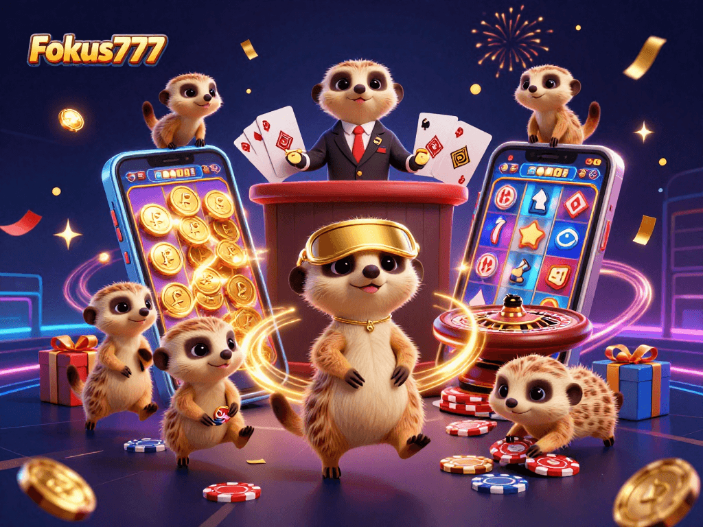 Experience the excitement at Fokus777 with meerkats managing a vibrant online casino.