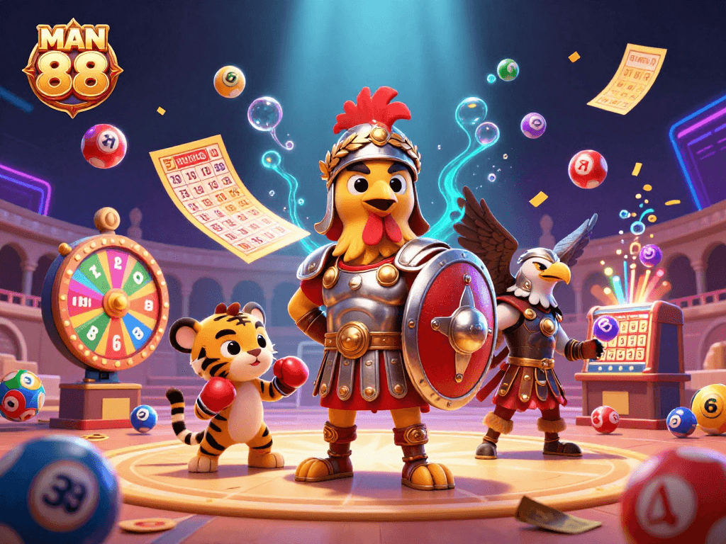 Engage with MAN 88 in a vibrant 3D gladiator-themed gaming arena, featuring dynamic lottery elements and exhilarating visuals.