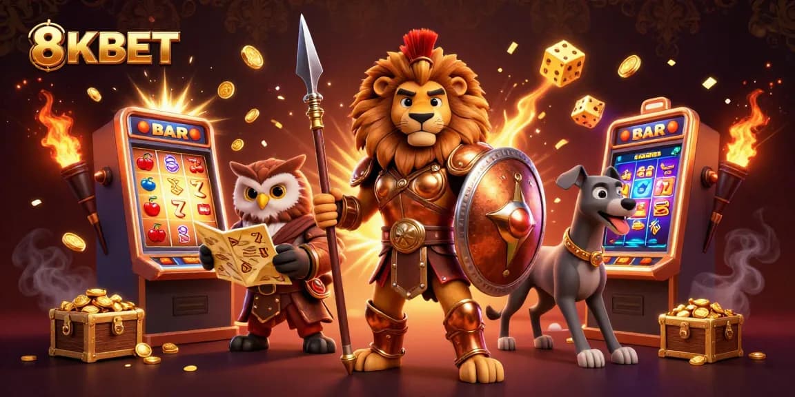 Experience thrilling wins at 8KBET with cartoon characters amidst vibrant casino elements and jackpot excitement.