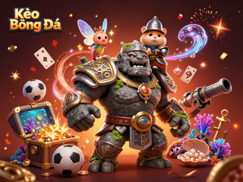 Kèo Bóng Đá sports betting illustration featuring a golem, fairy, and hamster knight amidst dynamic casino elements.