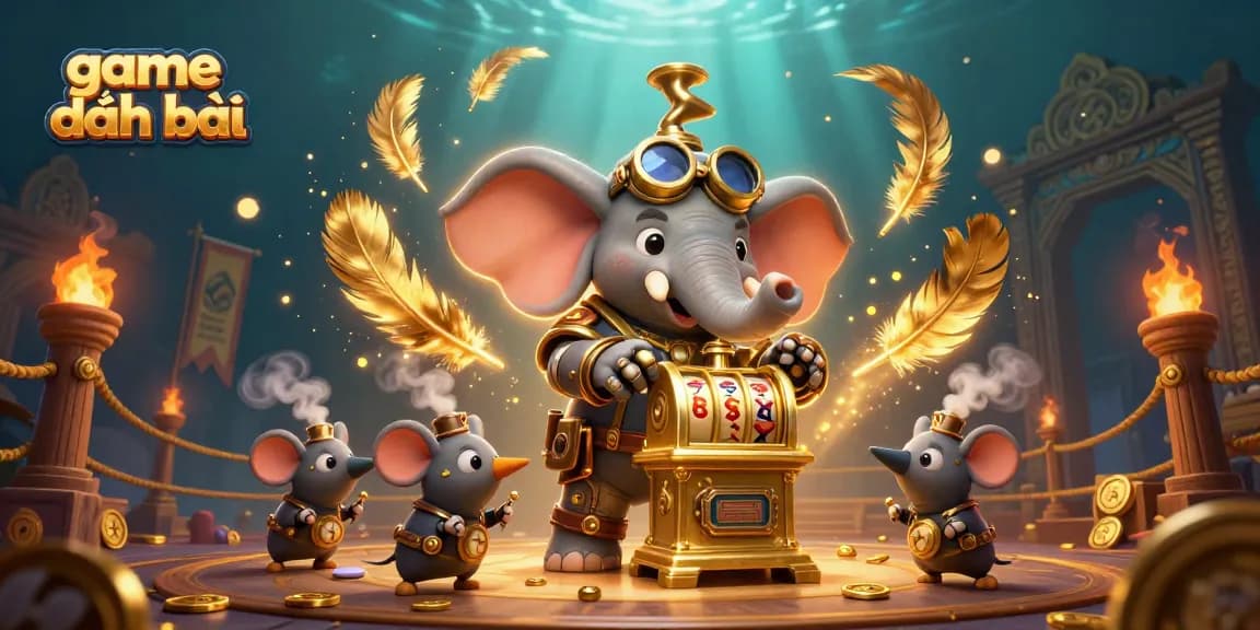Play game đánh bài with the steampunk elephant engineer in a vibrant casino scene full of excitement.