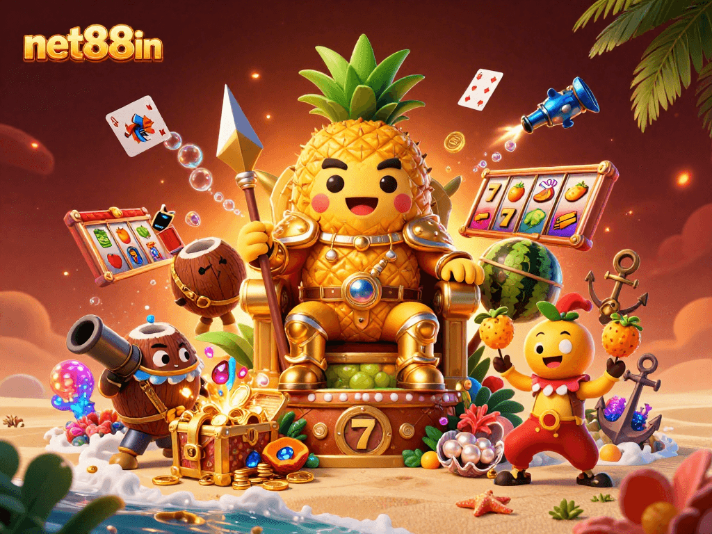 Experience vibrant action with net88in as the pineapple king rules a colorful beach casino.