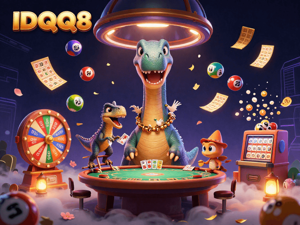 Engage with IDQQ88 while enjoying a vibrant casino scene filled with entertaining elements and characters.