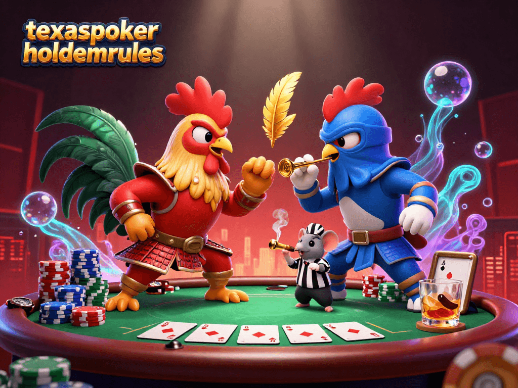Engage in the thrill of texas poker hold'em rules with a dramatic showdown of cartoon roosters in a casino.