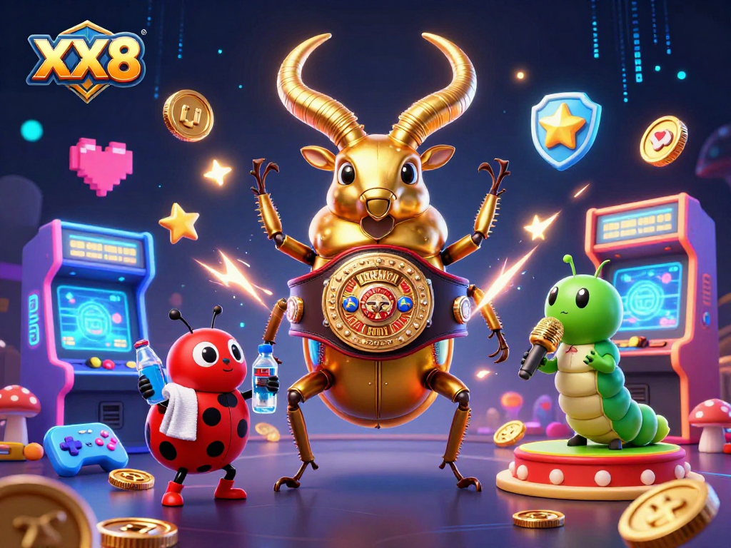 Players enjoy the vibrant world of XX8, where a giant golden stag beetle takes center stage in a lively casino atmosphere.