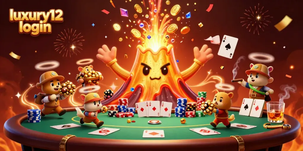 Exciting luxury12 login scene with a golden volcano, poker chips, and vibrant treasures.