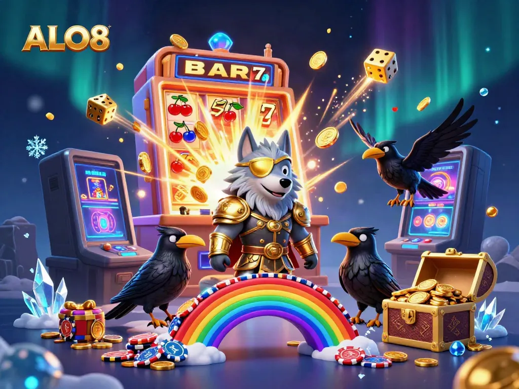 ALO8 presents a thrilling scene with the Odin wolf and ravens against a rich casino backdrop, showcasing excitement and adventure.