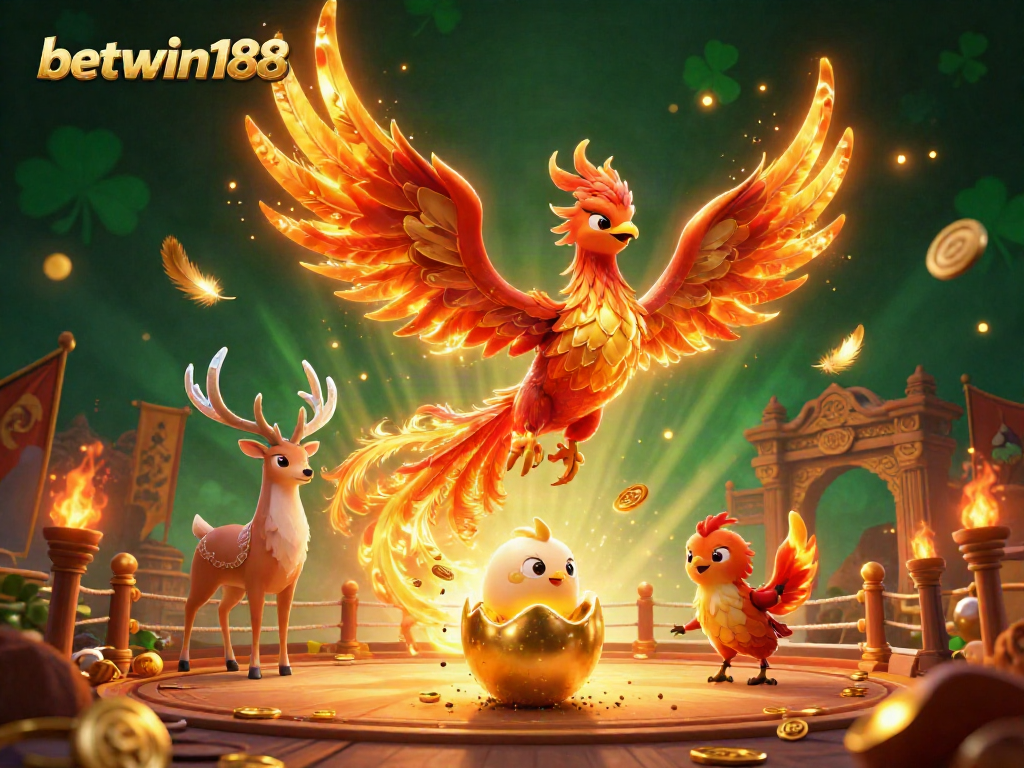Experience dynamic gameplay with betwin188, featuring a phoenix, mystical stag, and vibrant casino elements.