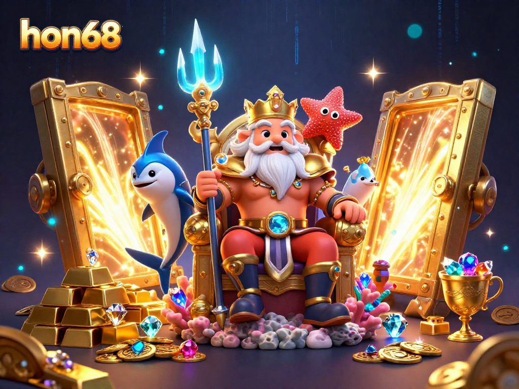 Experience the thrill of hon68 with Neptune and treasure in an animated casino scene