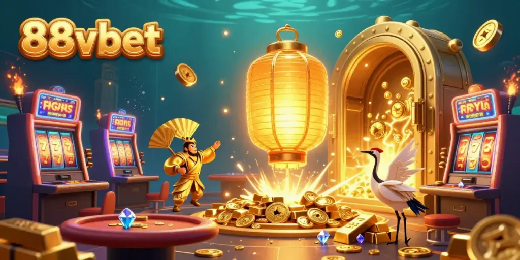 Experience the vibrant 88vbet casino with golden lantern spirits, slot machines, and jackpot excitement.