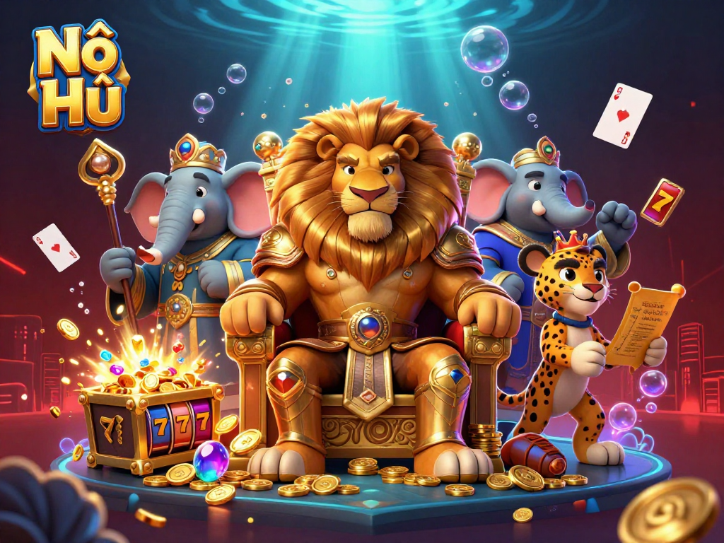 Nổ Hũ showcases vibrant 3D casino adventure with slot reels and treasures, enticing players to win!