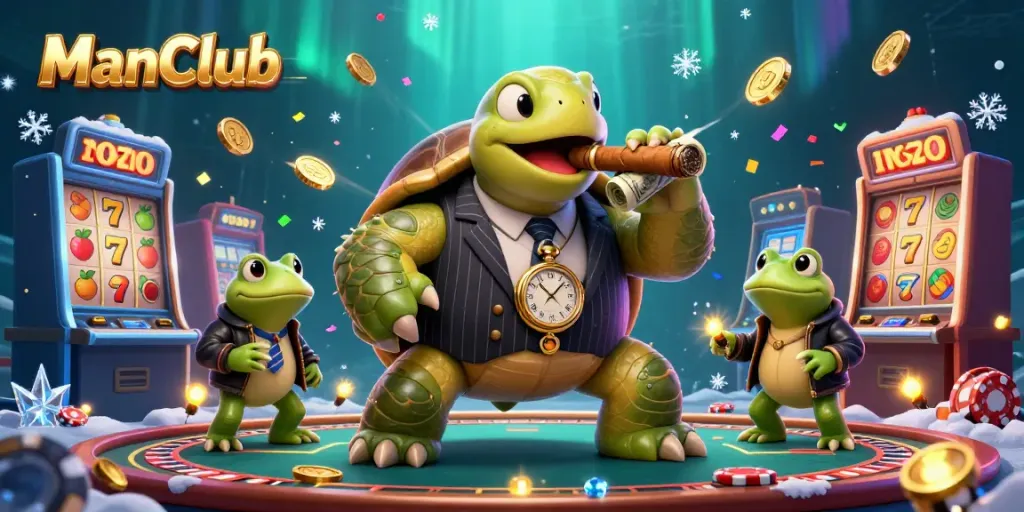 Experience the thrilling action of ManClub's colorful casino scene filled with dynamic slots and playful characters.