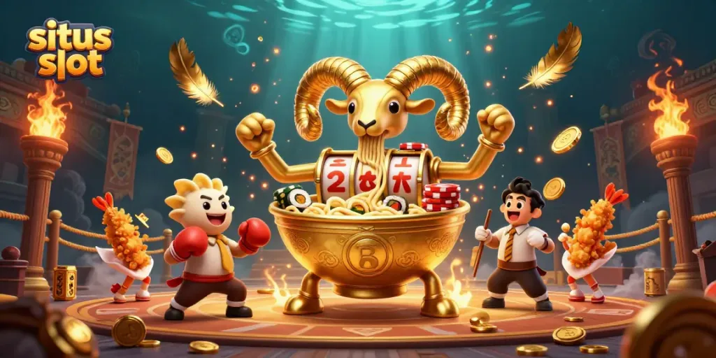 Menang dengan situs slot yang penuh aksi menggunakan simbol slot gulungan dan chip emas.