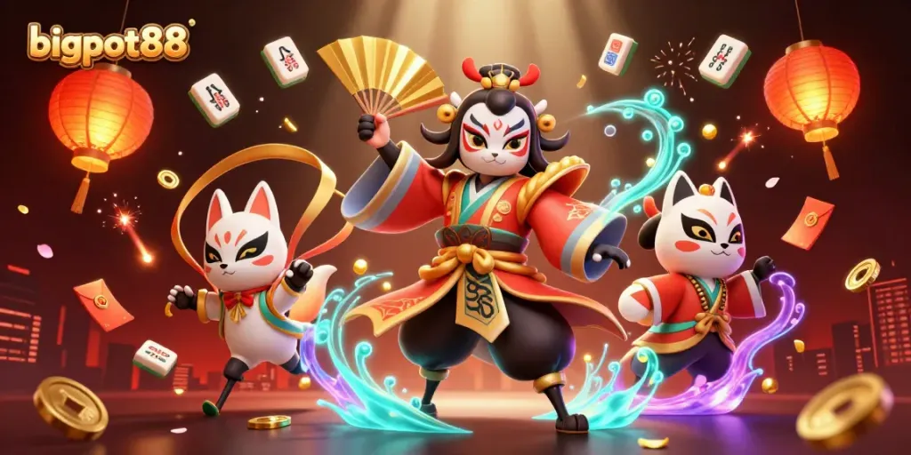 bigpot88 menampilkan strategi kemenangan dalam permainan kasino dengan karakter tradisional yang megah.