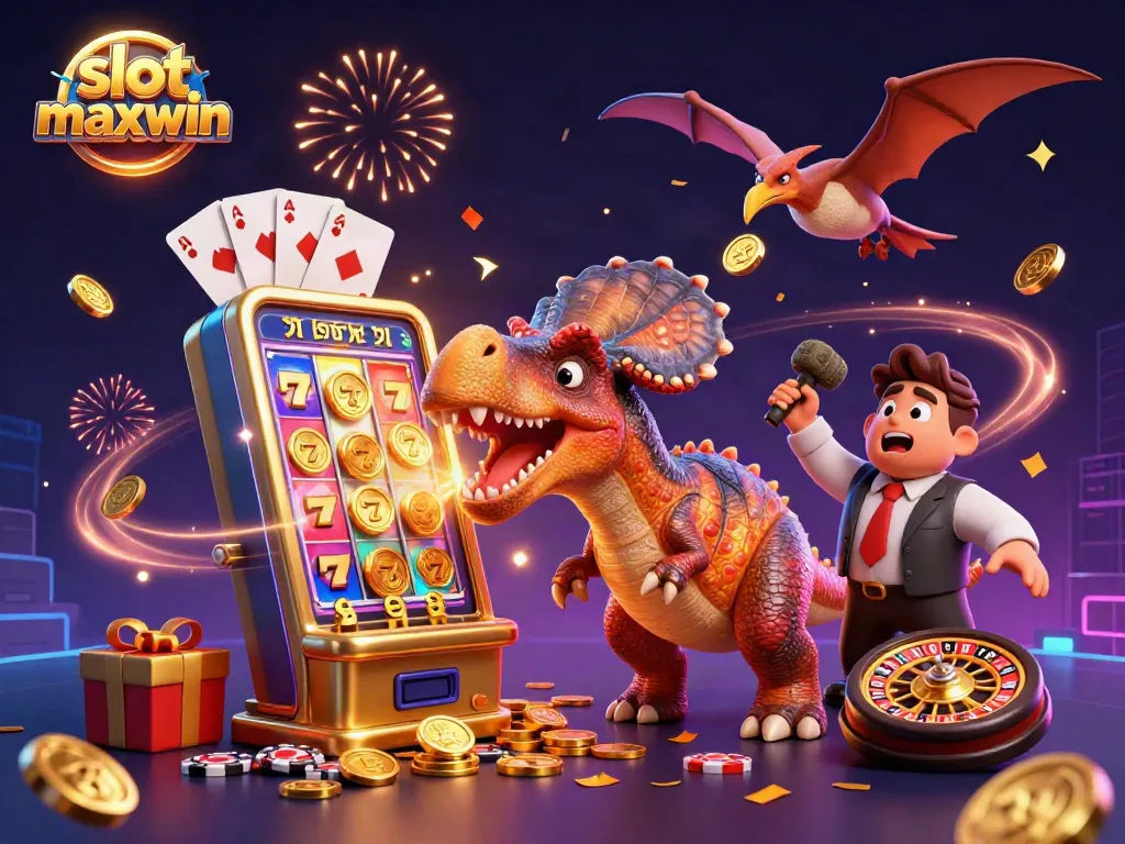 Experience the thrill of slot maxwin as a dinosaur wins a jackpot amidst casino chaos.