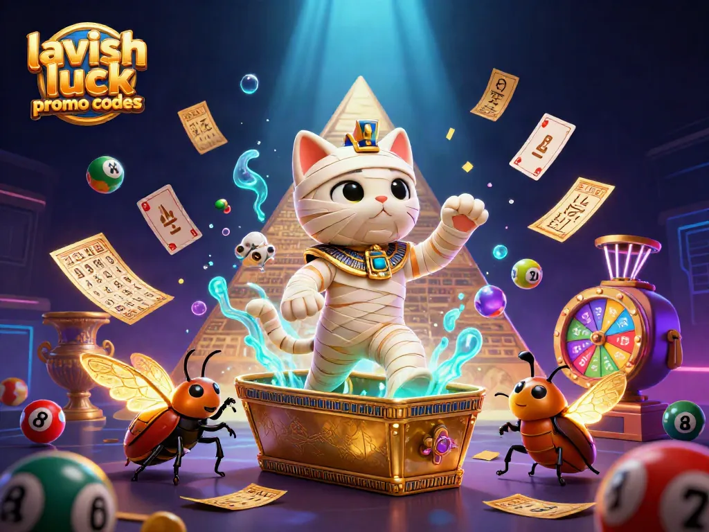 Win big with lavish luck promo codes as the Egyptian mummy cat bursts forward in this vibrant casino scene.