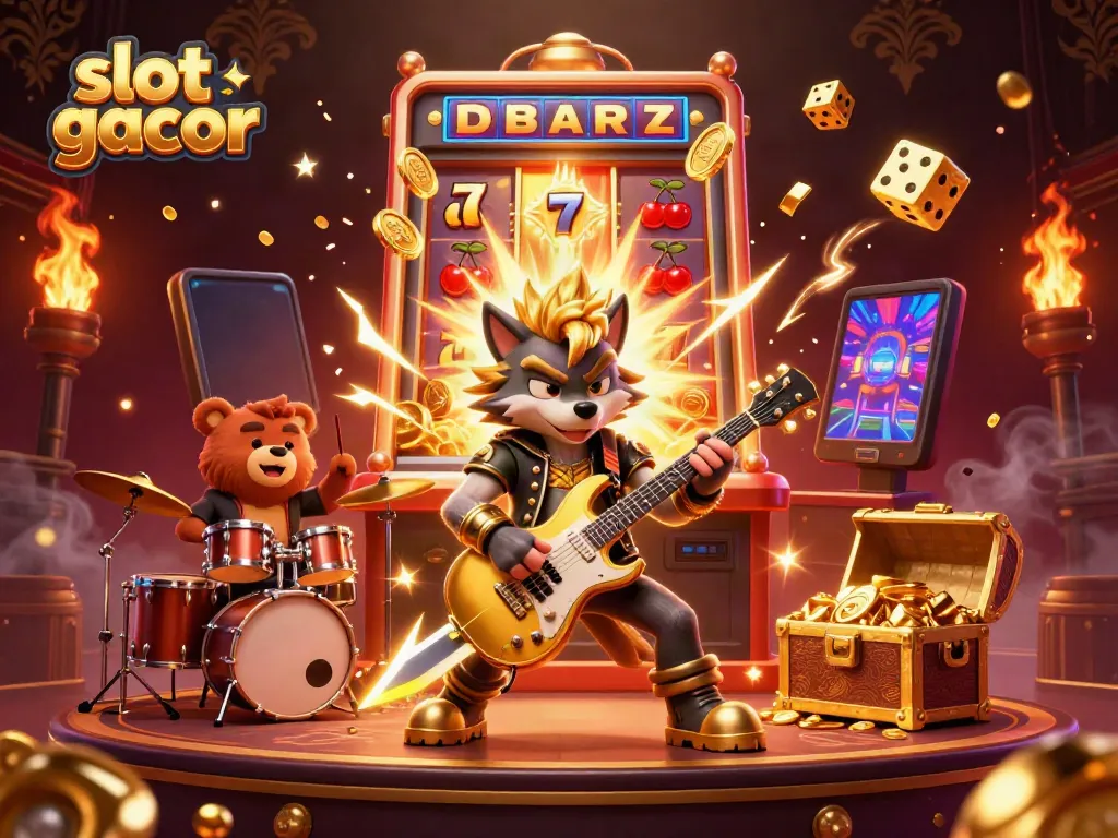 Slot gacor memperlihatkan ilustrasi kasino dengan karakter unik dan simbol permainan menggoda.