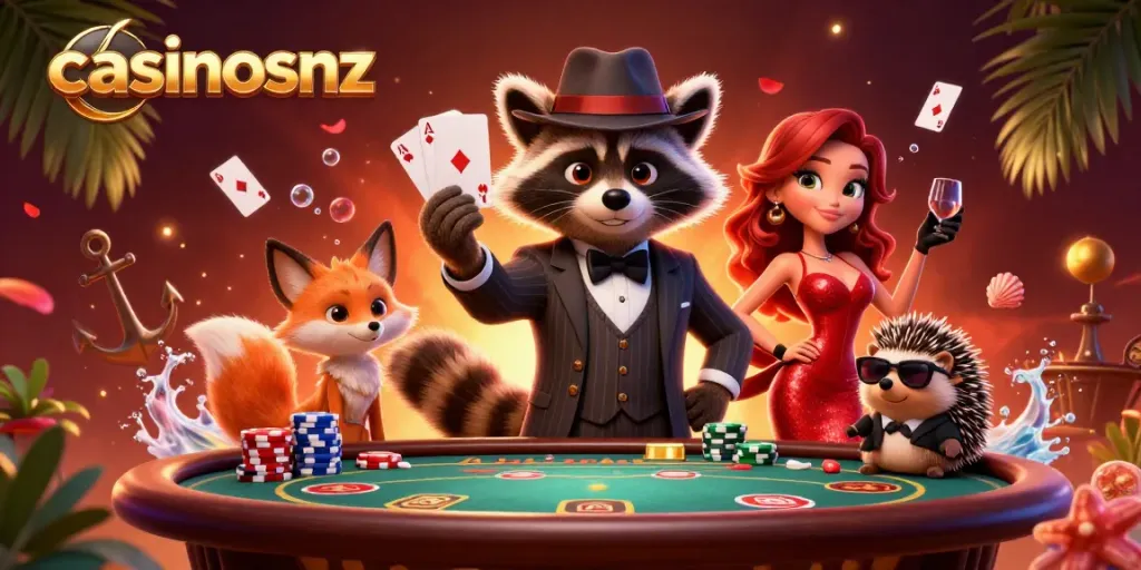 Experience thrilling poker action with casinosnz characters in a vibrant casino scene.
