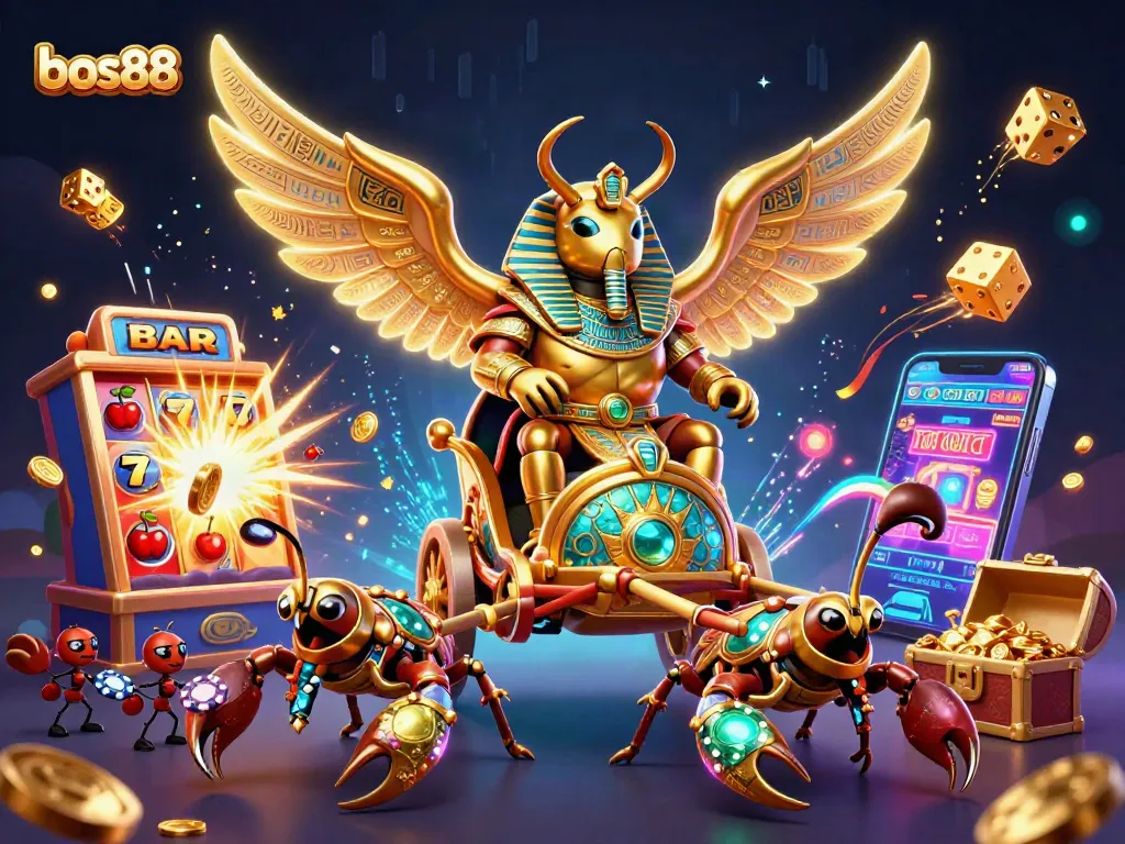 Permainan bos88 dengan simbol slot berkilau dan karakter menarik seperti scarab emas dan scorpion.