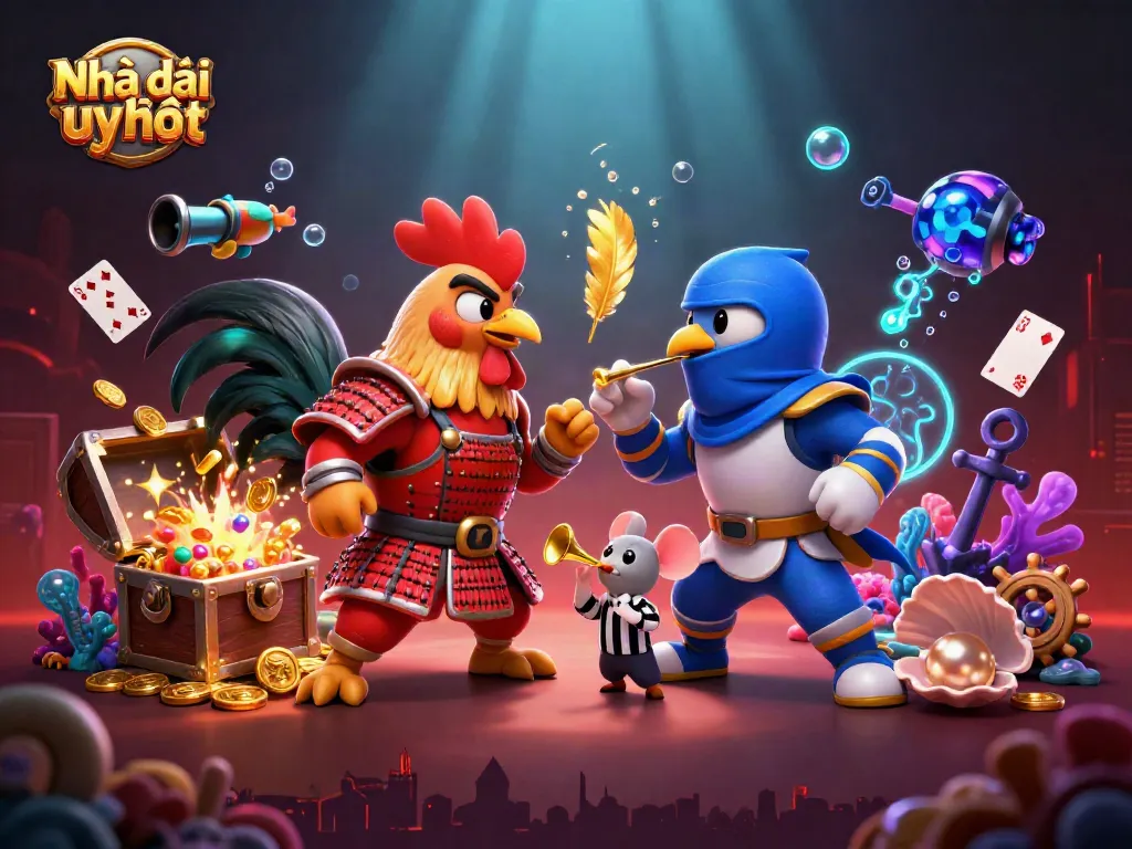 Engage with Nhà cái uy tín in 2026 through this action-packed scene featuring fighting roosters and casino elements.