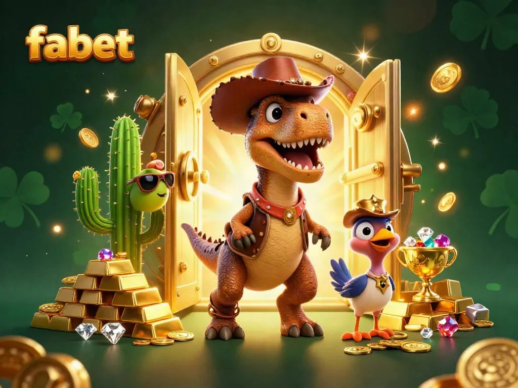 Join the action at fabet with a T-Rex, cactus sidekick, and roadrunner amidst treasures and casino elements.