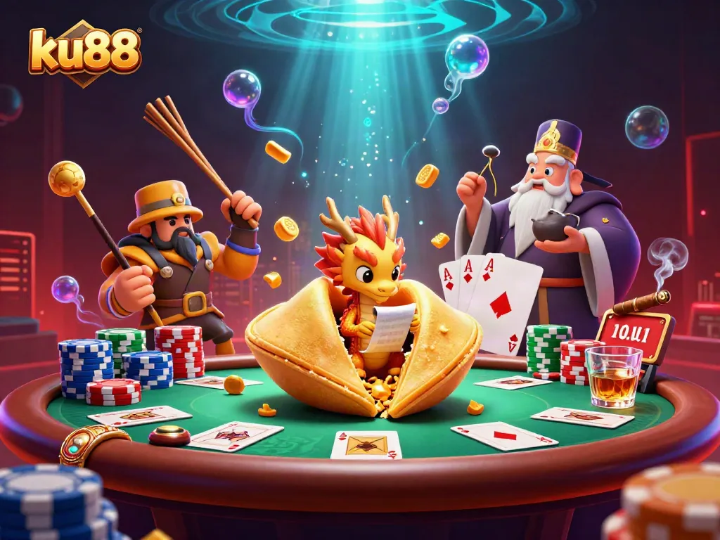 Engage in thrilling casino actions at ku88 with golden fortune cookie, wise dragon, and poker elements.