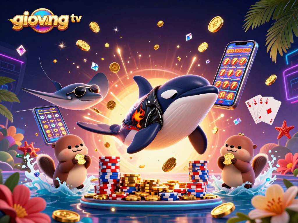 Experience high-stakes action with giovang tv featuring a lively orca in a biker jacket and otters holding coins.