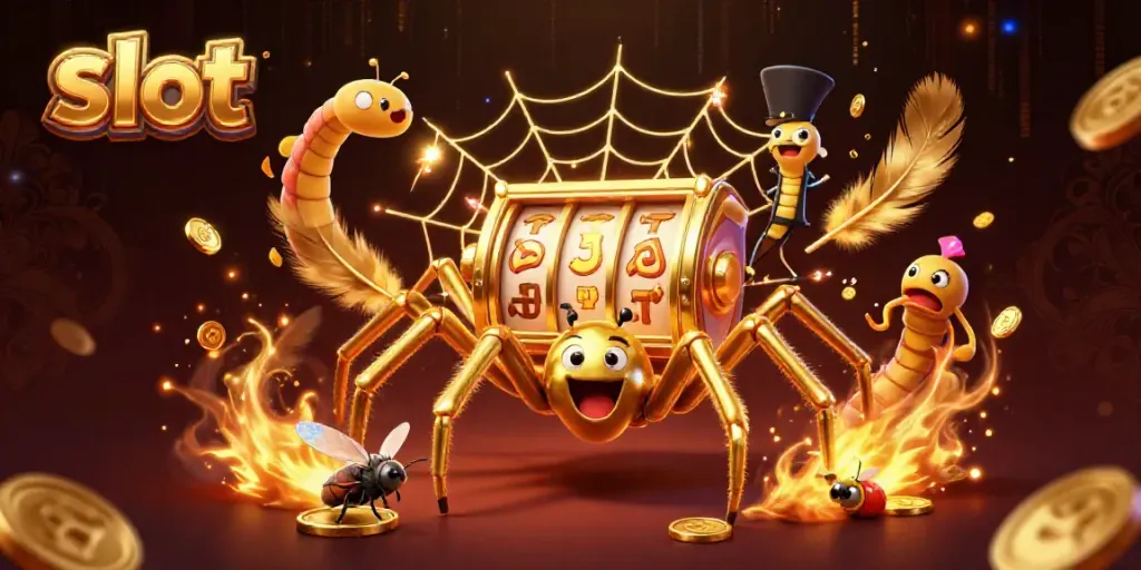 Menang di slot melalui ilustrasi seni digital 3D yang menampilkan laba-laba emas dan simbol keberuntungan.