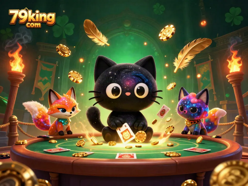 Win big with 79king com at a cosmic casino table surrounded by golden chips and cards!