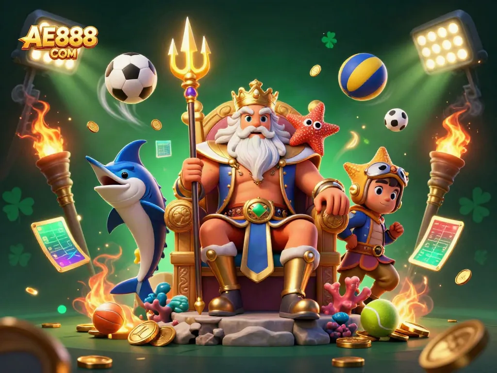 Bet on top sports at AE888 COM with Neptune and friends, celebrating victory in a vibrant casino.