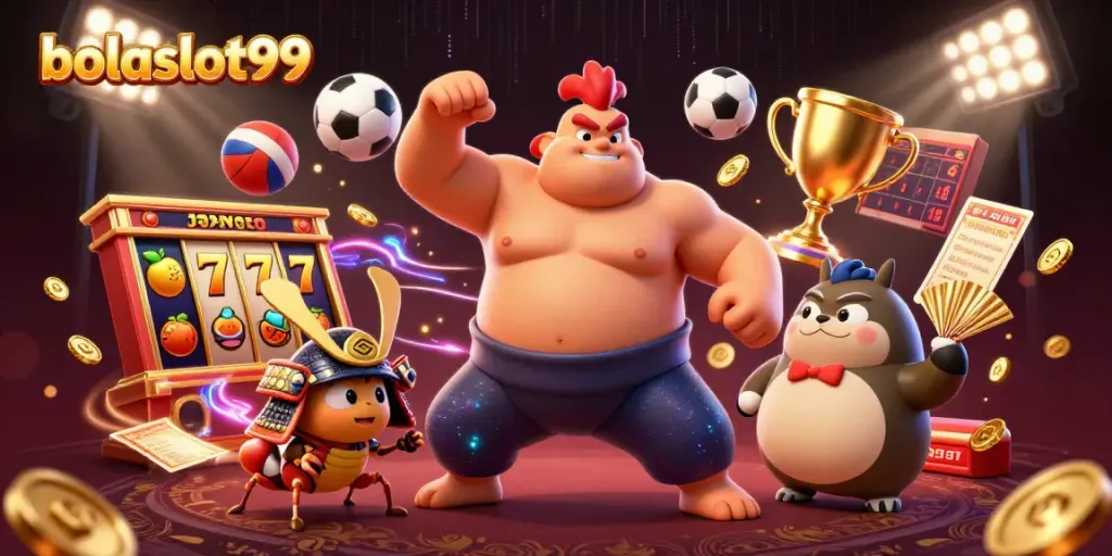 Experience the excitement of bolaslot99 with a powerful sumo wrestler, cricket, and tanuki in action.
