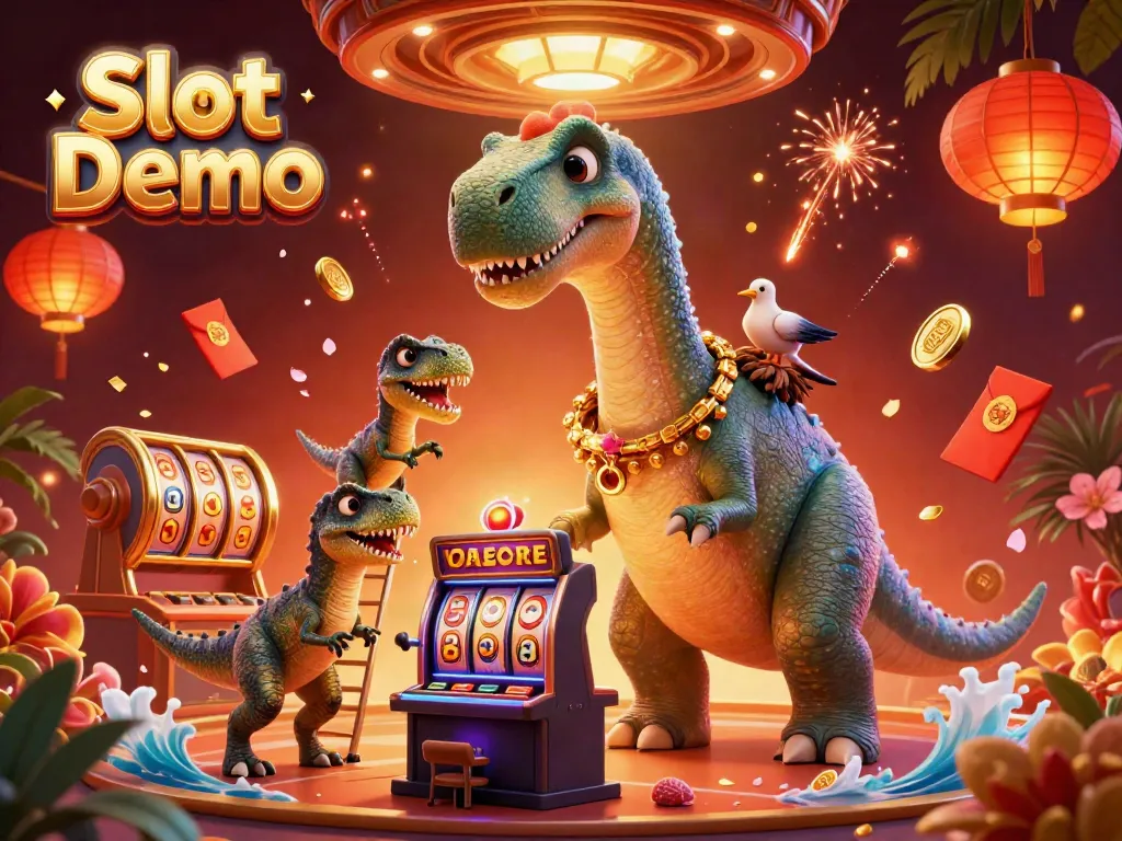 Experience Slot Demo with a vibrant 3D illustration of a brontosaurus dealing cards and surrounding slot reels.
