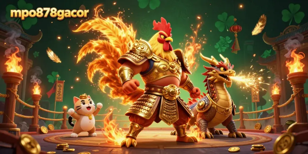 Gambaran dinamis mpo878gacor dengan ayam petarung bersenjata dan naga kecil dalam arena slot.