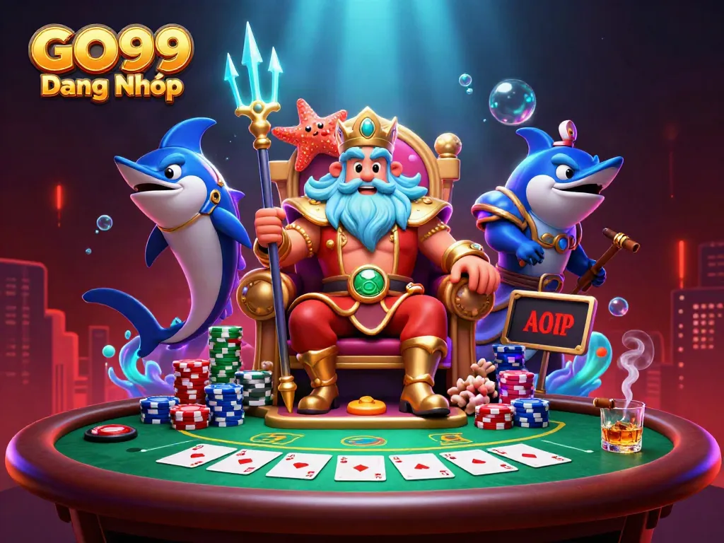Engage with GO99 Đăng Nhập through a vibrant 3D casino scene featuring Neptune, poker elements, and dynamic lighting.