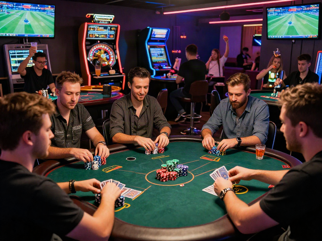 Exciting gambling room scene with players enjoying situs toto games and sports betting.