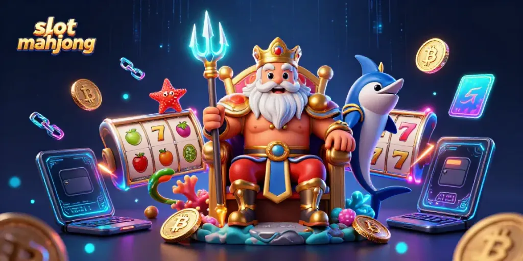 Elemen slot mahjong yang menarik dengan simbol-simbol slot dan karakter pemenang yang berkilau, siap mengundang keberuntungan.