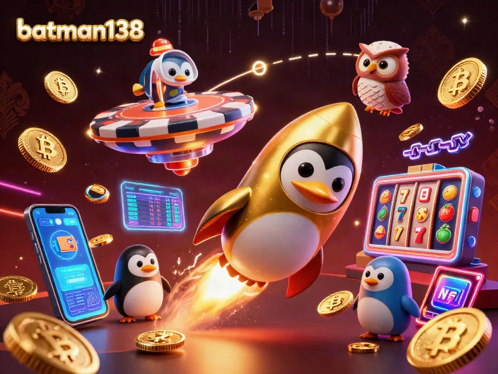 Win big with batman138 at this animated casino featuring a golden penguin and crypto coins.