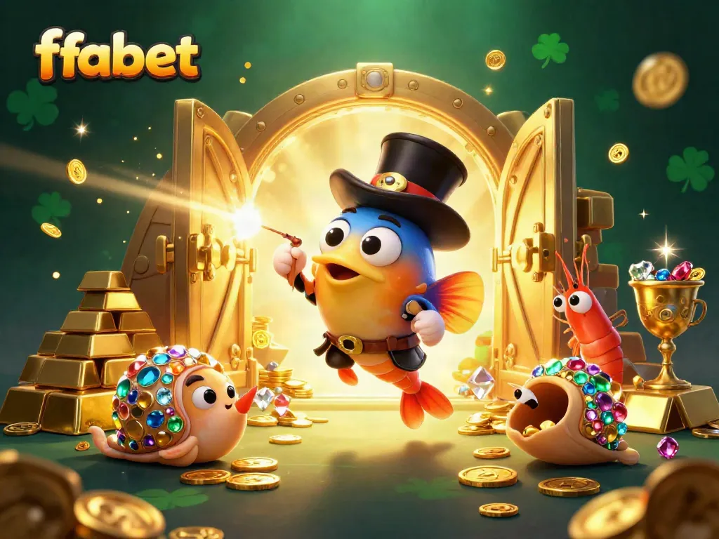 Fabet immerses players in a vibrant sea of golden coins and treasure, surrounded by playful marine characters.