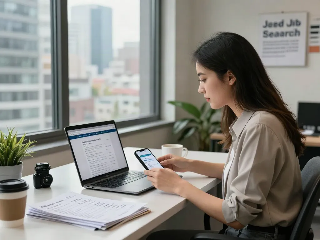 Job seeker actively searching for หางาน opportunities at a modern office desk.